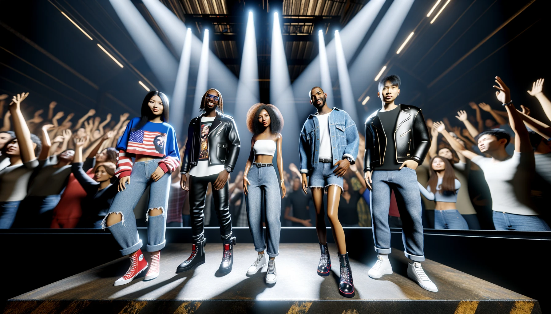 Group of friends in stylish concert outfits enjoying live music