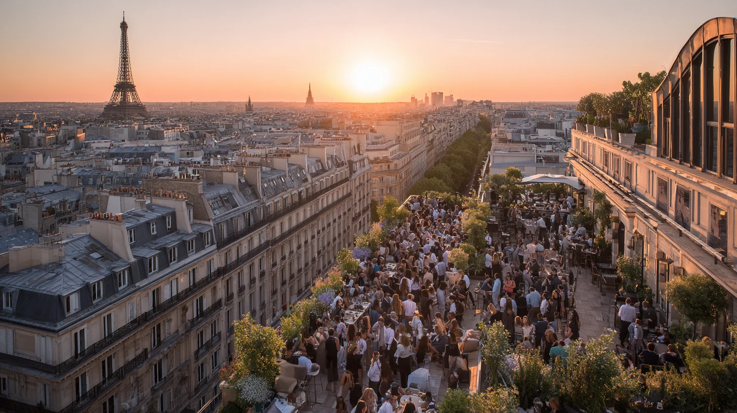 Crowded rooftop event Paris Eiffel Tower sunset