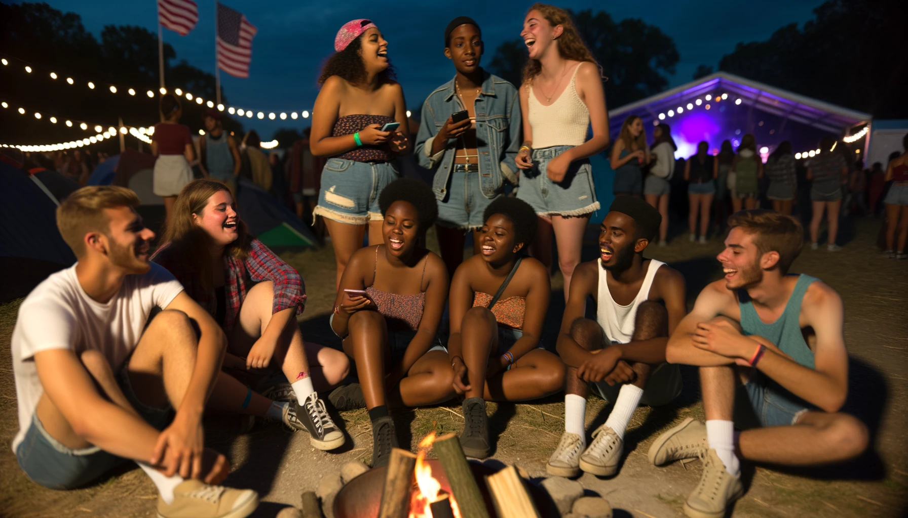 Group of friends enjoying a digital detox festival around a campfire at night