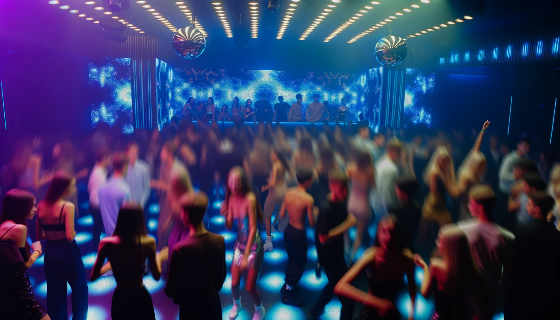Crowded futuristic themed nightclub with dancers under neon lights