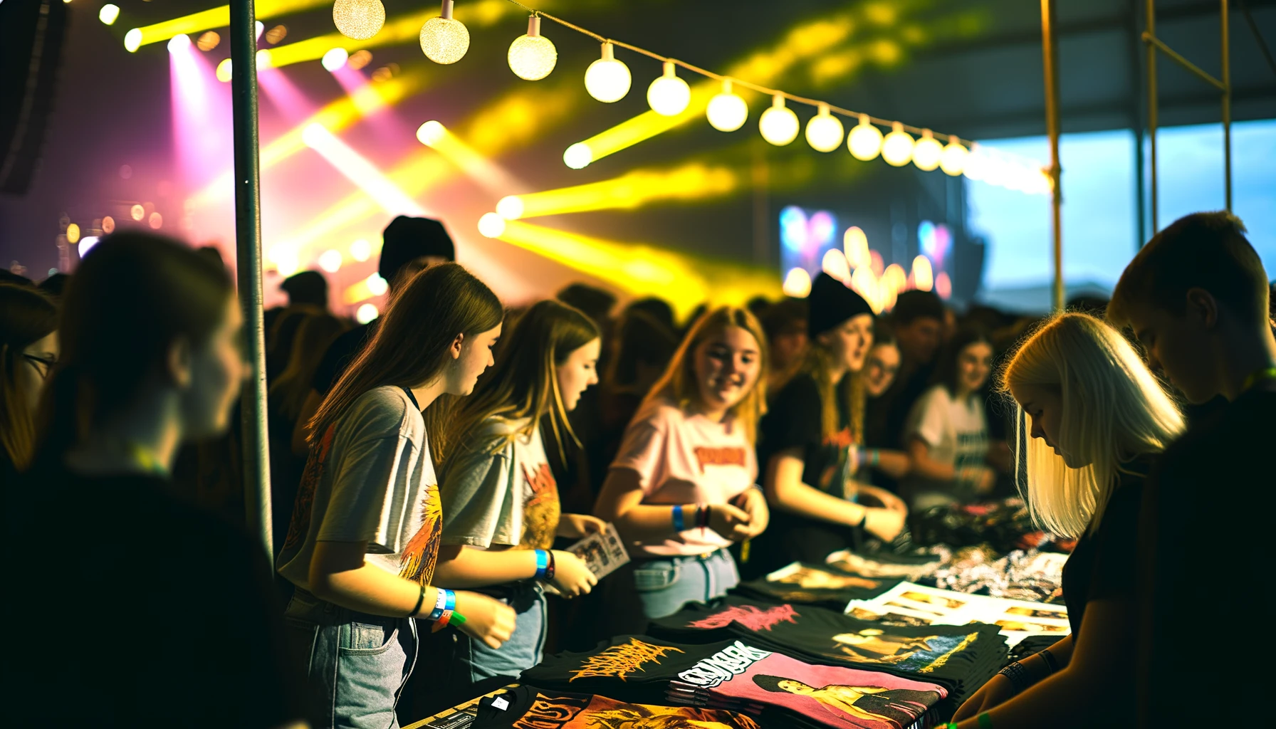 Fans browsing unique merchandise at a lively concert booth under string lights